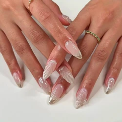 French 10Pcs Handmade Manicure Medium Almond Fake Nails 3D Limited Nails Press On Nails Shell Design with Adhesive Nail File Set