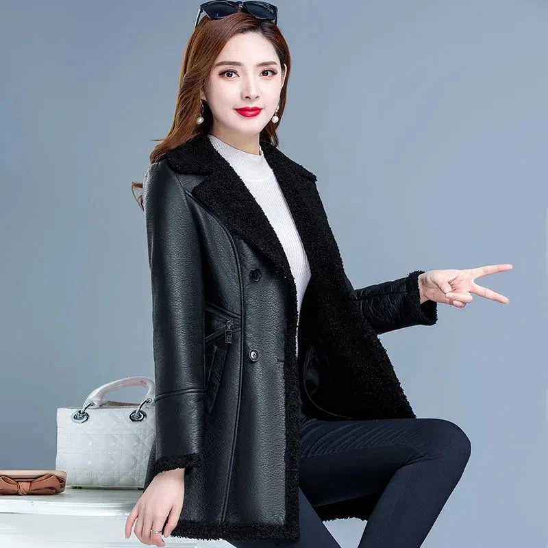 Autumn Winter PU Leather Jacket Women Add Velvet Lining Warm Jackets Female Loose Large Size L-6XL Faux Leather Coat Women's