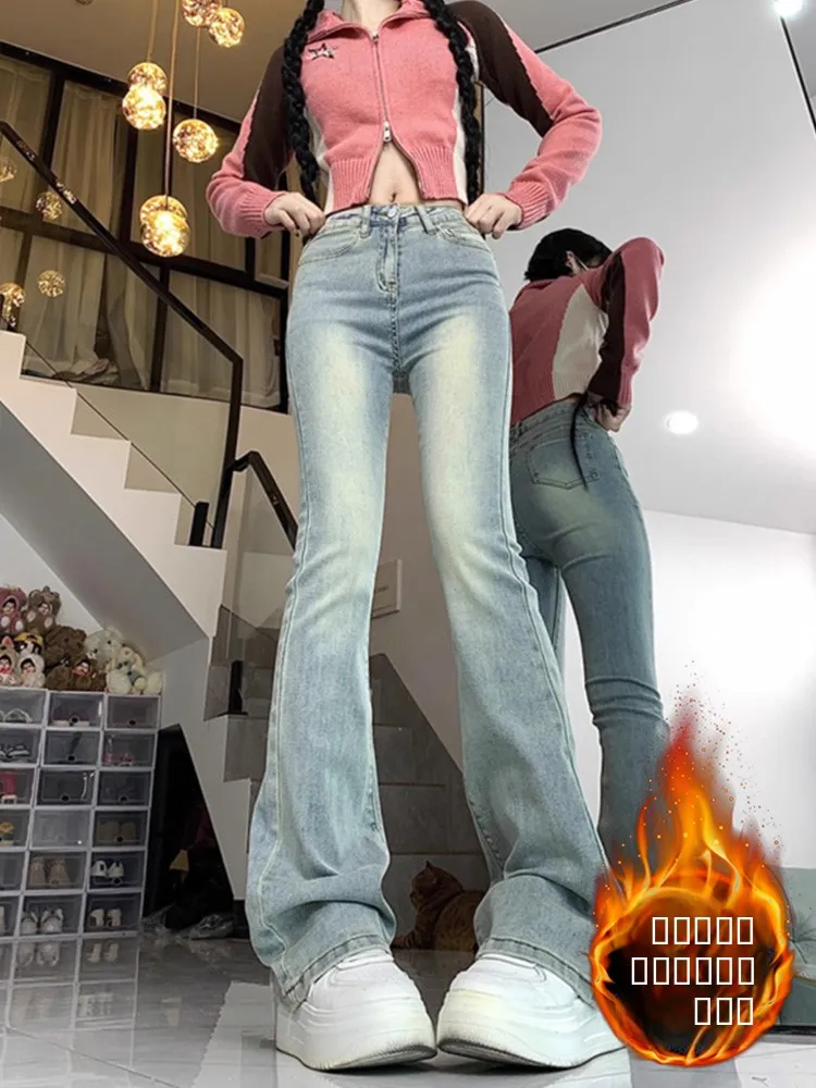 

Fce Lined Thiened Micro Расклешенные джинсы Женские прямые длинные брюки с высокой талией Зимние синие джинсовые узкие брюки против морщин