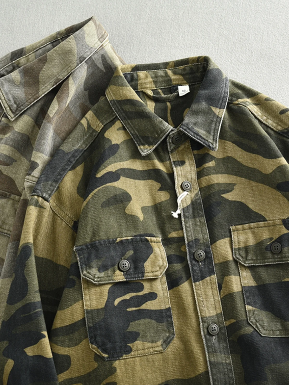 Grey Camouflage Shirt for Men Heavyweight 100% Cotton Washed Blouses American Casual Spring Autumn Workwear Cargo Tops Coats