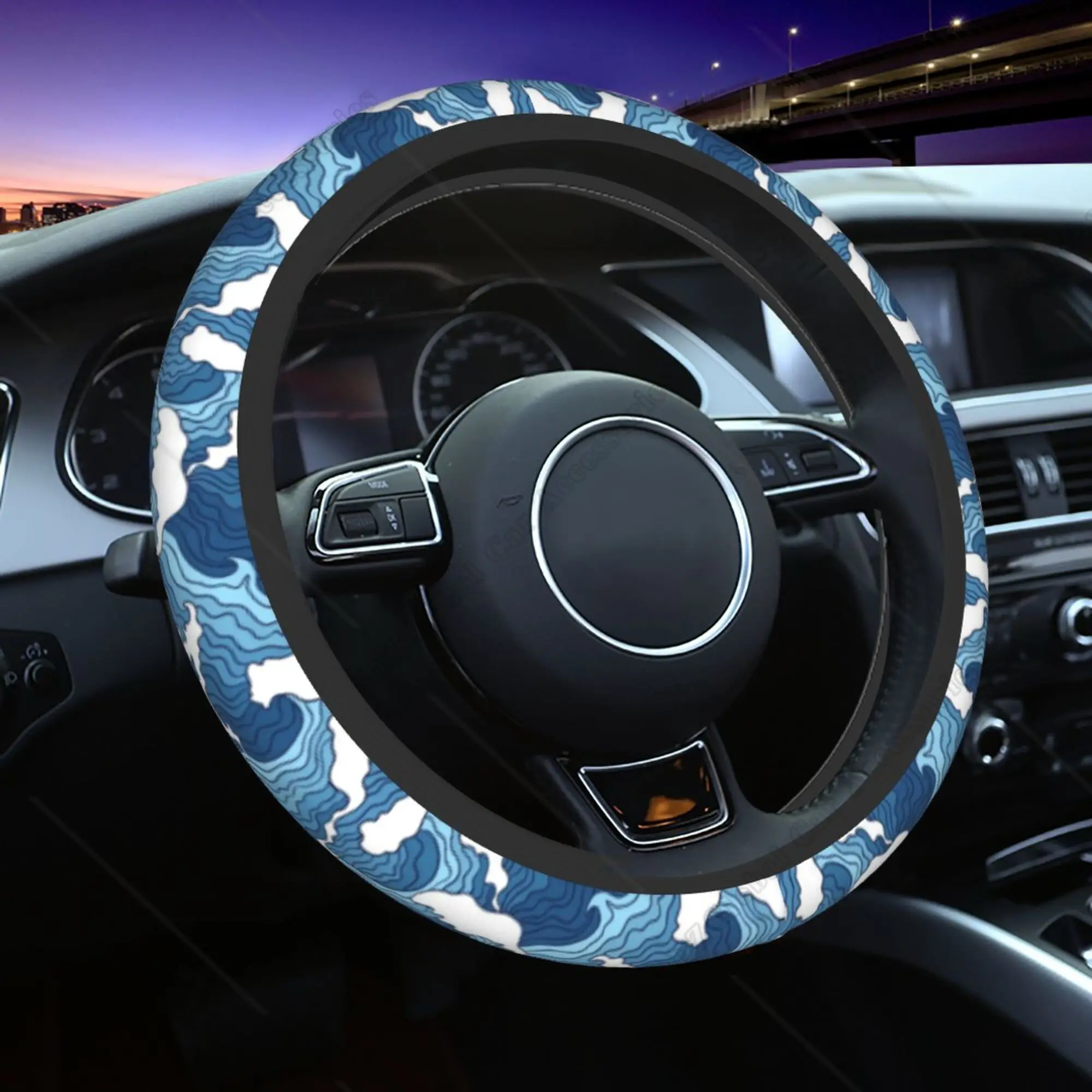 Car Steering Wheel Cover for Women Girl Men 15 Inch Blue Sea Wave Interior Auto Accessories Decorations Aesthetic Wheel Covers