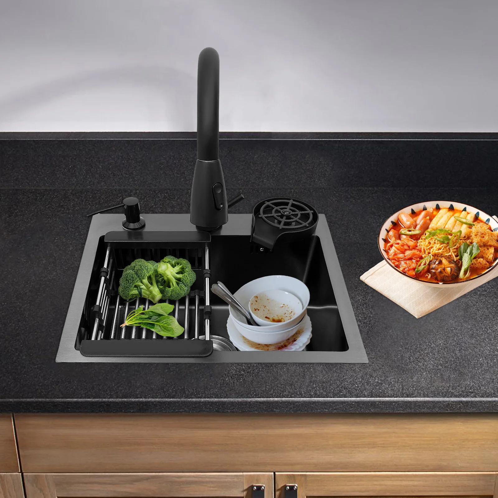 Imagen 5: Fregadero de cocina de acero inoxidable de 40 x 45 cm con grifo retráctil negro, cesta de goteo y dispensador de jabón
