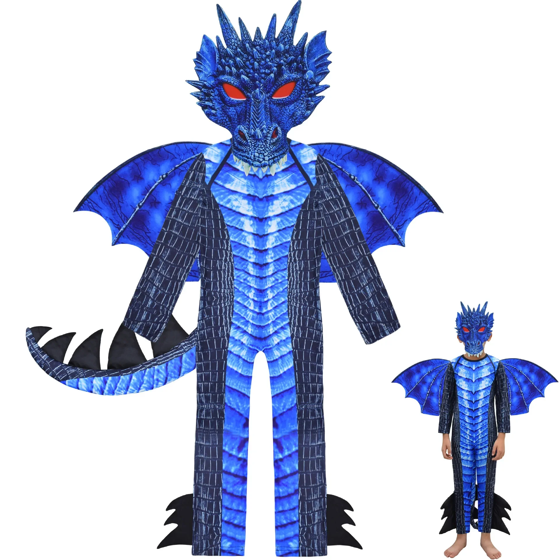 2025 New Arrival Boy Deadly Dragon Halloween Costume Dress Up Kids Black and Blue Dragon Wings and Mask Costume