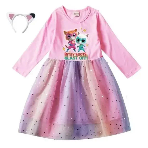 2-10Years Cartoon Superkitties Costume Baby Girls Casual Dresses Kids Long Sleeve Dress with Headwear Children Princess Vestidos