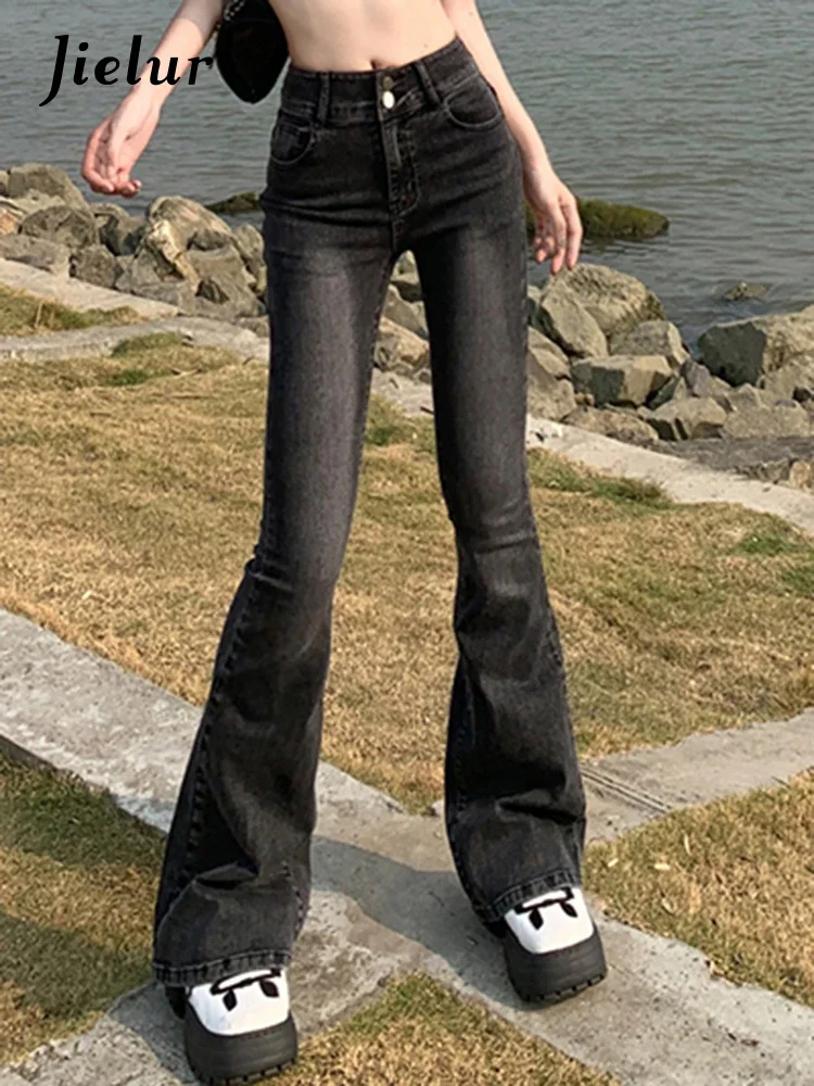 

Jielur Summer New Slight Stretch Slim Fashion Women Jeans Korean Style Full Length Vintage Blue Female Flare Pants Office Lady