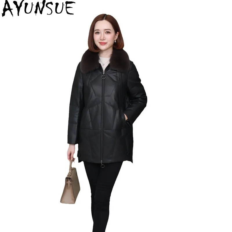 AYUNSUE Echte Schaffell Echtes Leder Jacke Frauen 2025, Winter Kleidung Mid-länge Weiße Gans Unten Frauen MantelJaqueta de Couro