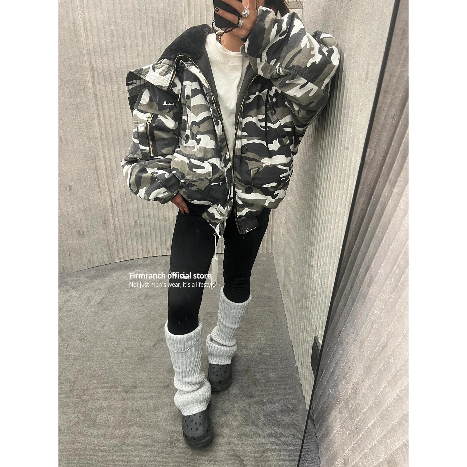 Firmranch Korean Fashion Snow Camouflage Cotton Padded Jacket For Men Women Winter Hooded Thick Bread Coat High Street Outfits view 4