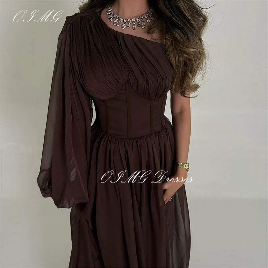 OIMG One-Shoulder Long Satin Prom Dresses High Split A-Line Women Brown Puff Sleeves Vintage Evening Gowns Formal Party Dress