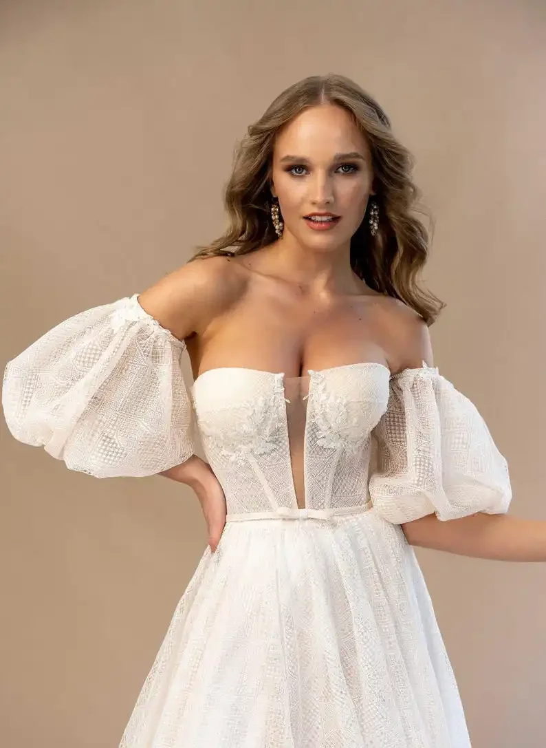 Simple Bridal Dress Lace Embroidered Wedding Dress Lantern Sleeve Dresses Nude Boho Bridal Gown Corset Custom Wedding Dress