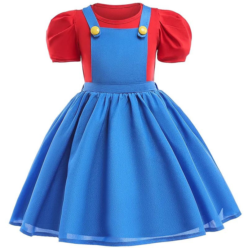2Pcs Set Kid Animation Movie Role Play Outfit Girl Red Tee+Blue Suspender Dress Halloween Party Plumber Cosplay Costume 3-10Yrs