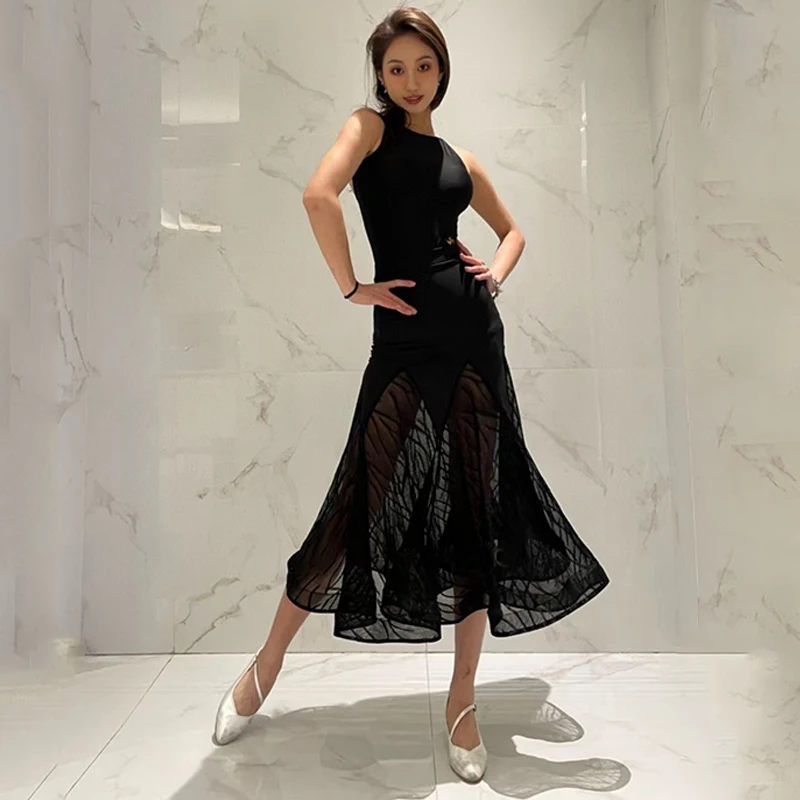 새로운 볼룸 댄스 복장 여성 블랙 탑 원사 Fisbone 스커트 왈츠 댄스 공연 의상 성인 클럽 연습 드레스 BL16692