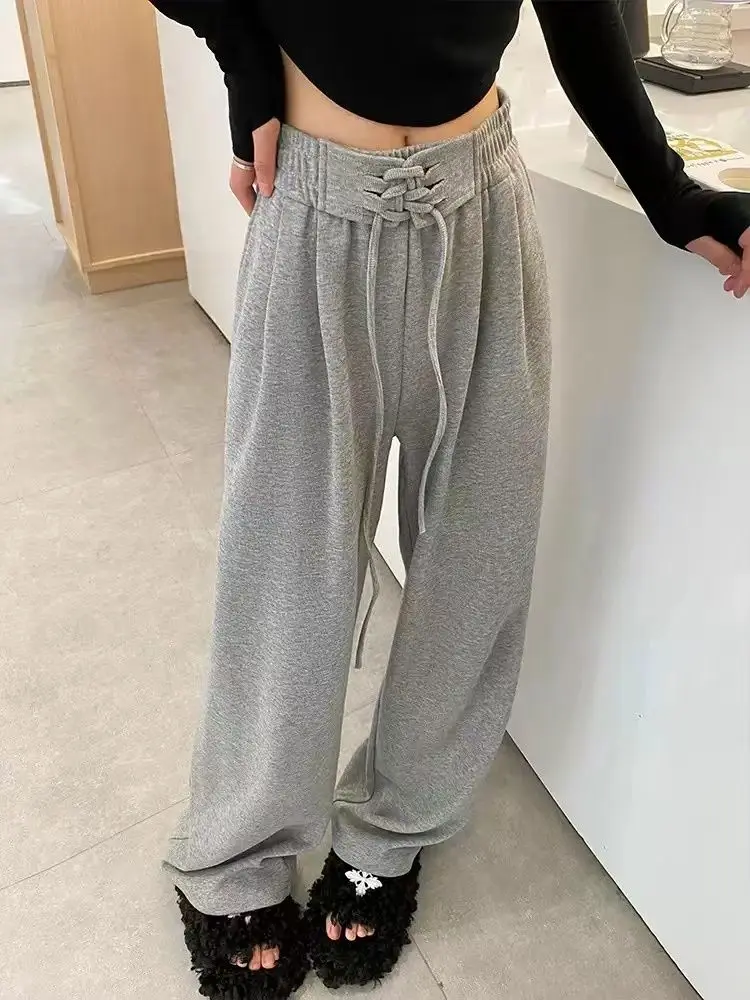 Calça casual de perna larga com renda, calça larga larga larga, estilo coreano, moda que combina com tudo, streetwear estético de harajuku, design simples, nova primavera