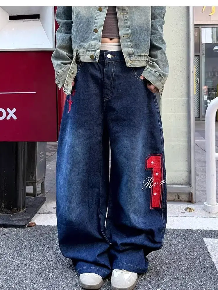 

Y2K Digital Star Embroidery Jeans Men Women Loose Straight Wide Leg Pants Retro Streetwear Casual Denim Trousers