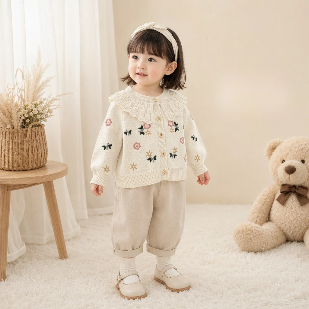 0-3T Newborn Kid Baby Girl Flower Sweater Winter Clothes Cardigan 100% Cotton Knitwear Coat Cute Sweet Outfit