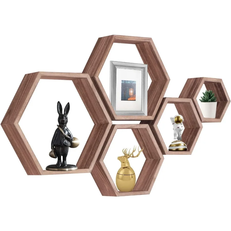 Hexagon Floating Shelves,Honeycomb Shelf Set of 5,Octagon Shelves Wall Mounted Hanging Storage Cube Wood for Bathroom Kitchen