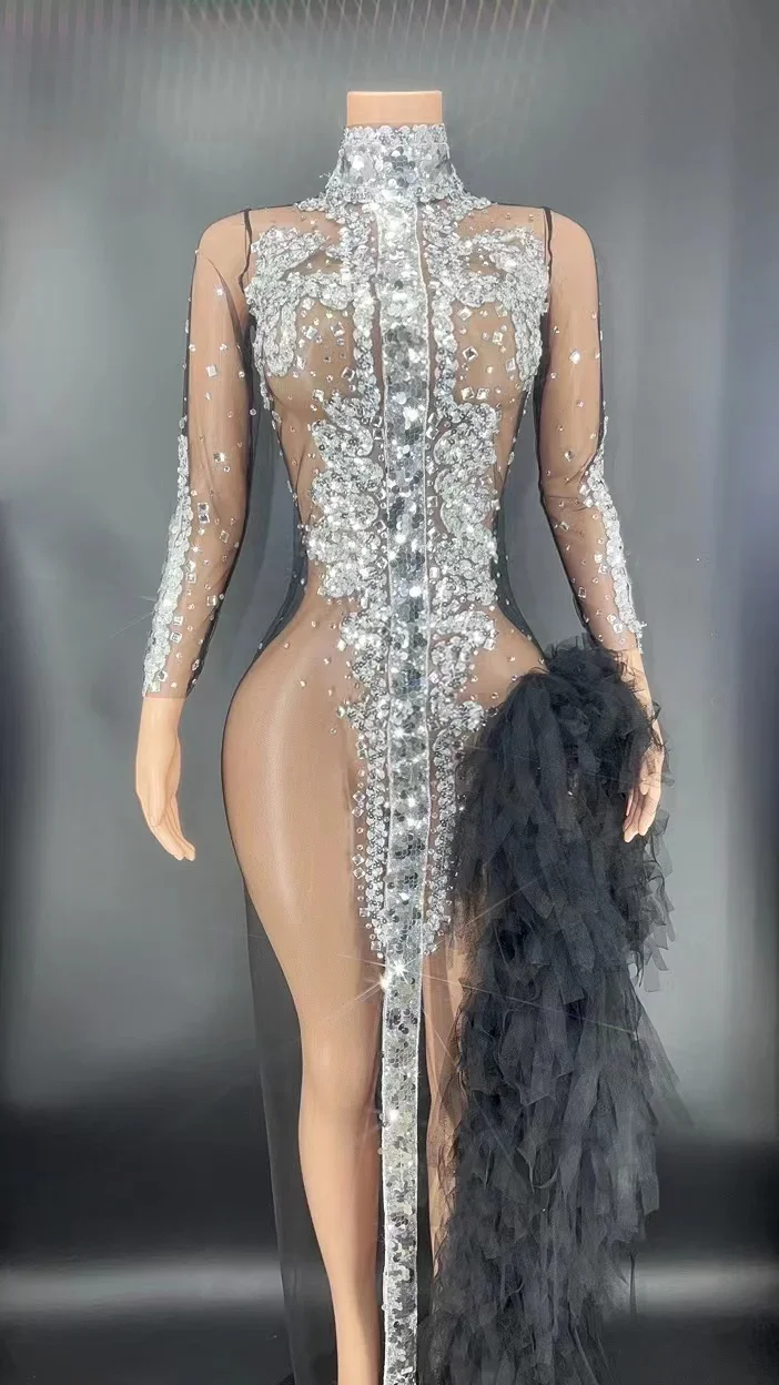 Feiern Sie Geburtstags kleid Performance Show Bühnen kleidung funkelnde silberne Pailletten Langarm weiß Mesh Spitzen kleid sexy Split Abend