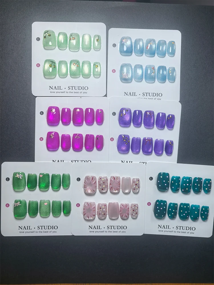 Cat Eye Press on Nails 10Pcs, Short Square False Nails with Cherry Goldfish Fireworks Bowknot, Festive Nail Art Fake Nails