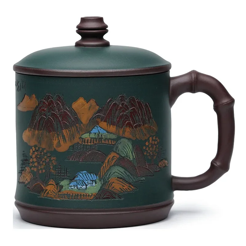 Bamboo Purple Sand Office Cup Yixing Tea Set Handmade Landscape Carved Purple Sand Cup Lid Commercial Unique Men's Tea