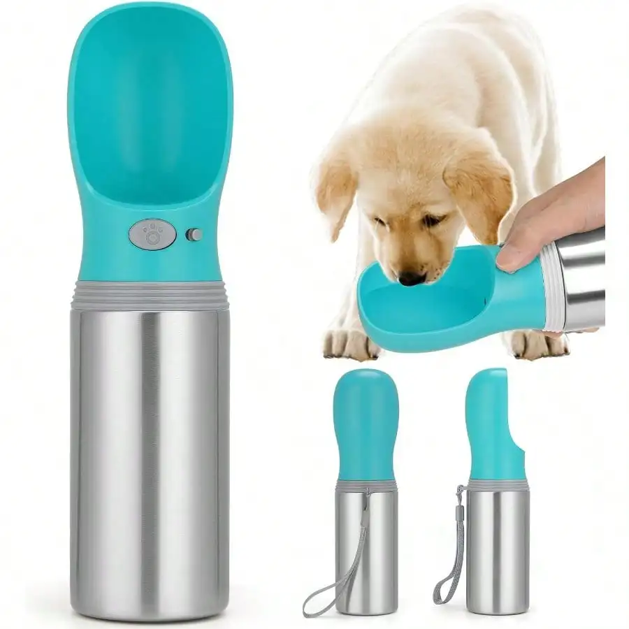 

Portable Dog Water Bottle, 14 OZ, Stainless Steel Leak Proof Puppy Water Dispenser With Drinking Feeder For Pets Travel, Walking, Hiking And Outdoor Activities