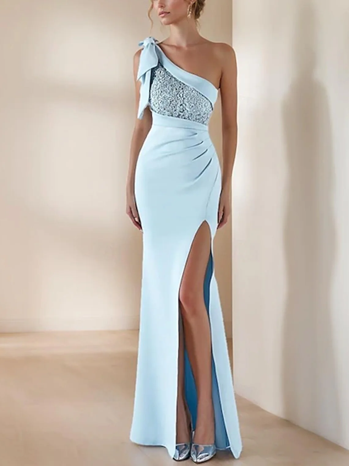 

Elegant Mermaid Trumpet Lace Prom Dress One Shoulder Floor Length Sleeveless Bow Knot Formal Evening Gown 2025 free customized