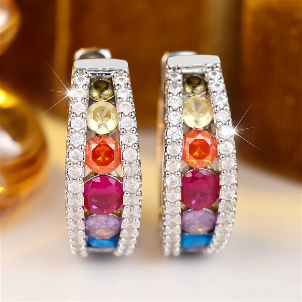 Single Row Multicolor Zircon Small Round Stone Hoop Earrings For Women Silver Color Ear Buckle Wedding Jewelry Versatile Gifts