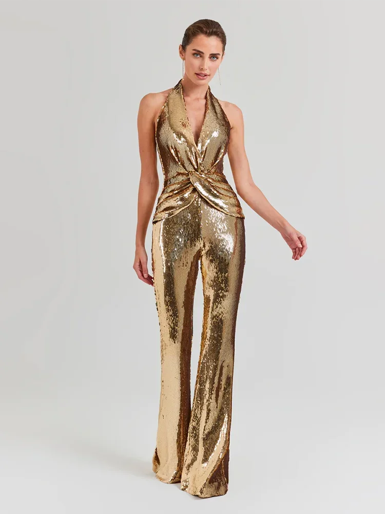 Women's Sleeveless Gold Sequin Jumpsuit Sexy V Neck Sparkle Sequined High Waist Wide Leg Pants Jumpsuit Celebrity Evening Party