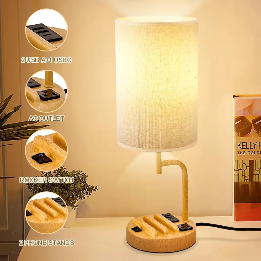 Table Lamp with 3 USB Charging Ports Modern Desk Lamp with AC Outlet and Phone Stands Perfect Bedside Lamp for Bedroom Living R