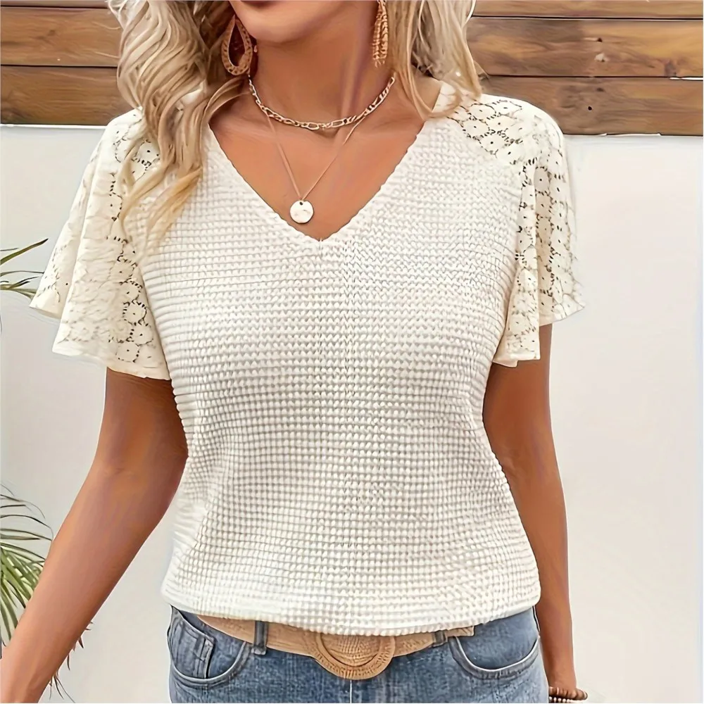 

2025 Summer Casual T Shirt Tee Commuting Blusas Women's Clothing V-link Knitted Lace Patchwork Solid Color All-match Comfortable