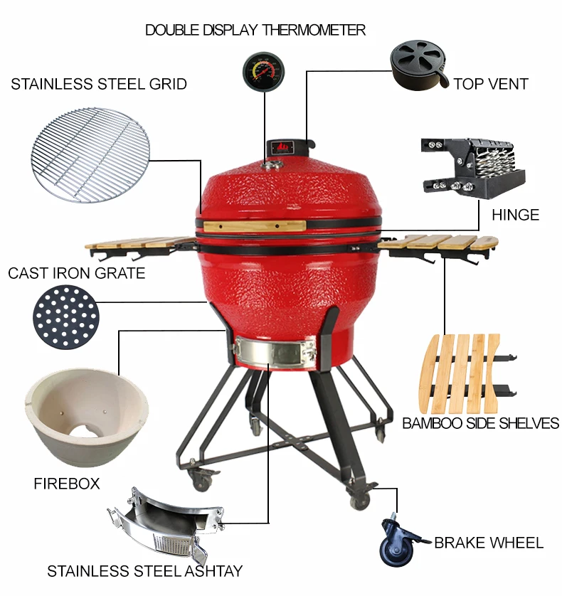 26inch  Red Stone Pattern Kamado Grill Large Interior Space Charcoal Ignition Modern Design for Home
