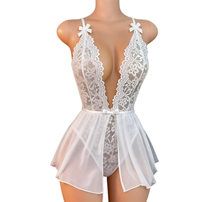 

Women Sexy Lace Transparent Teddies Babydoll Dress Cross Bandage Back Deep V-Neck Nightwear Underwear Plus Size Costumes