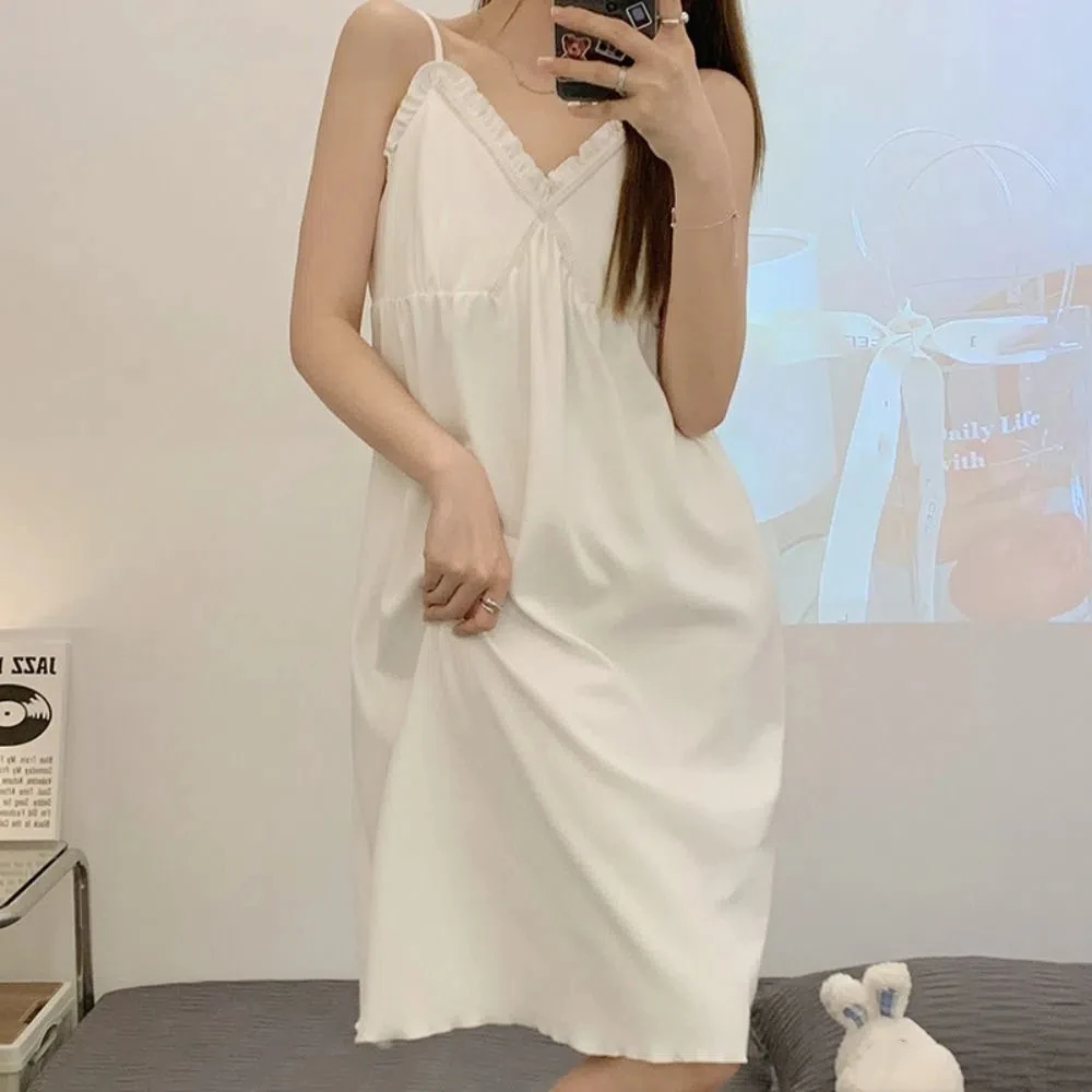 Elegant Ruffle Women's Pajama Dress V-neck Loose Suspender Nightdress Homewear Sleeveless Sling Nightgown Girls