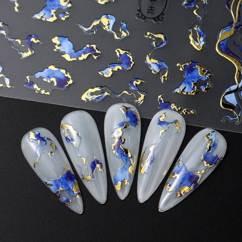 Adesivi per unghie Viola Blu Marrone Inchiostro Design Decalcomanie Decorazioni dorate Arte Gel olografico autoadesivo Cursore Forniture per manicure