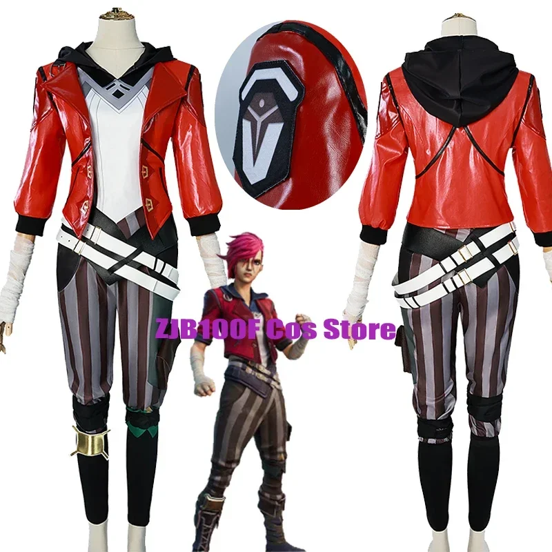 RT01 Vi Gioco Cosplay LOL Arcane Costume Piltover Enforcer Outfit Vi Uniforme Parrucca Rossa Vestito Carnevale di Halloween Gioco di Ruolo Puntelli * JK2
