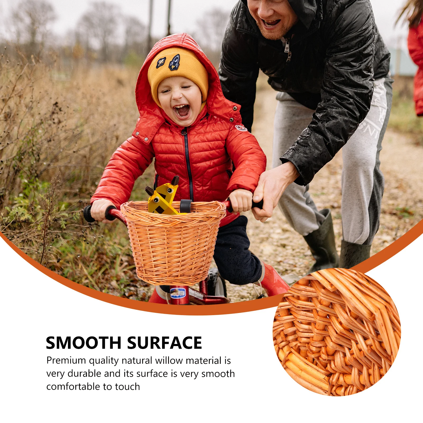 

Small Size Detachable Front Handlebar Basket Handmade Natural Willow Woven Bike Storage Container for Children Belt Color