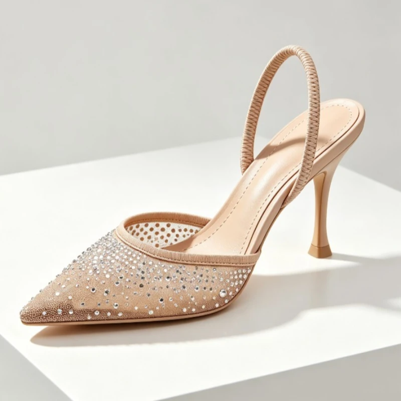 Luxury Shiny Rhinestone Detail Mesh Sandals for Ladies Fashion Pointed Toe Slingbacks High Heels Summer Female Crystal Slippers