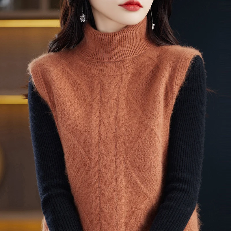 2023 new Mink Cashmere Waistcoat Sleeveless Sweater Women\'s Hot Sale Top Knit High Turn-Down Collar Vest Keep Warm From The Cold