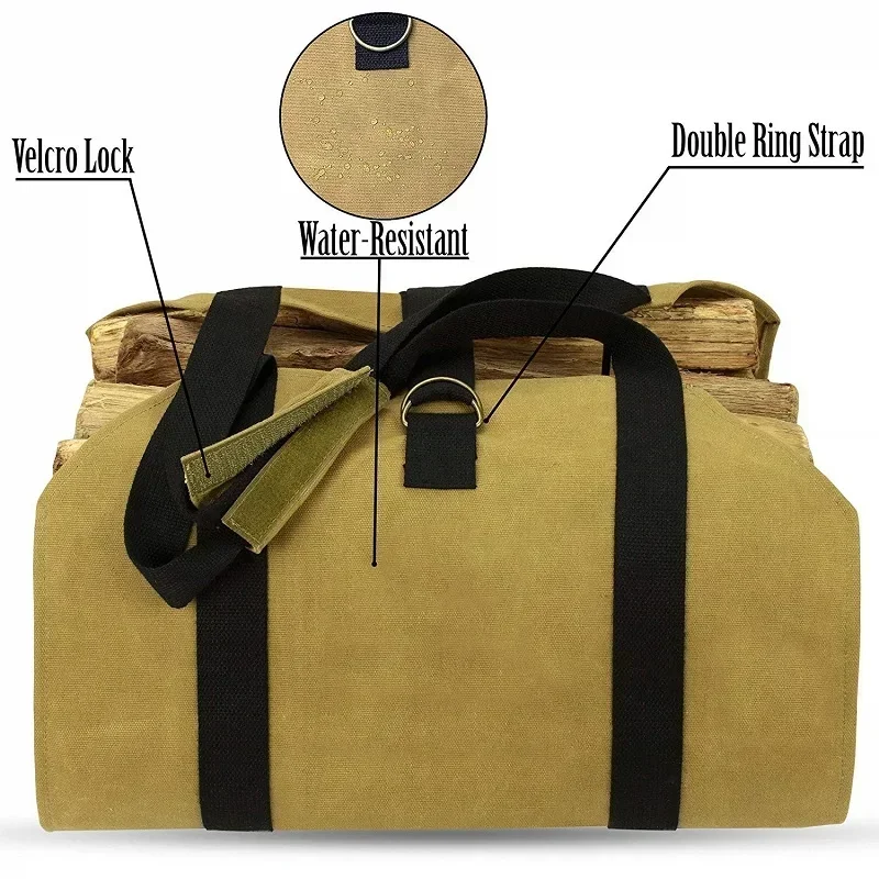 Waxed Canvas Tote Bag, Extra Large, Water-Resistant Portable Wood Carrier for Firewood Stove, Indoor and Outdoor Cam