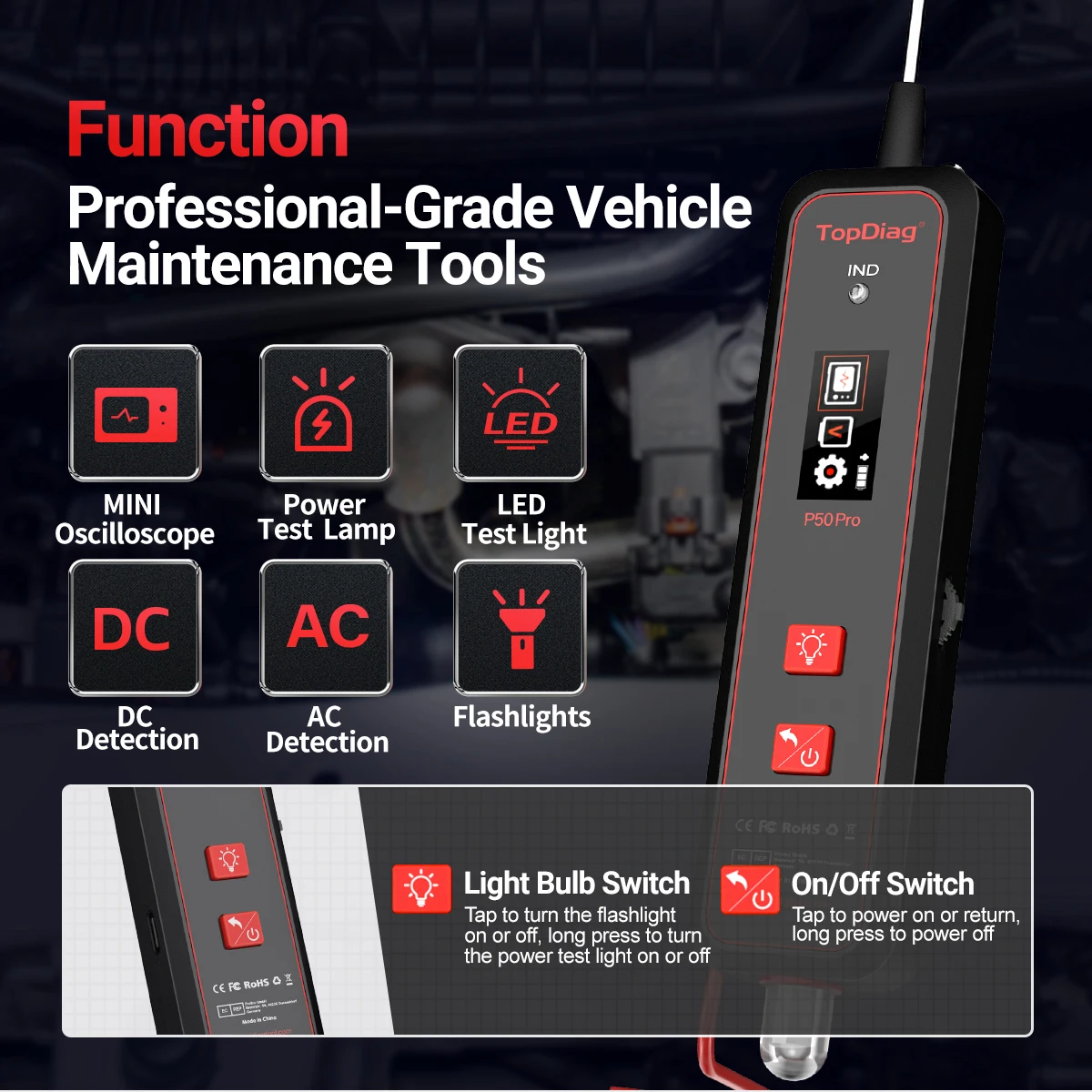 Topdiag P50/P50 Pro Jdiag Mini Oscilloscope Automotive Circuit Tester Multifunctional 12/24V Circuit System Electrical Detector