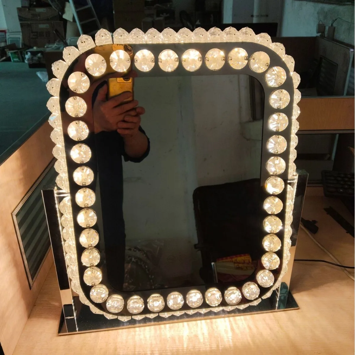 DSA Home Crystal Makeup Mirror, Light Fill Mirror, Light Touch Mirror, Light Luxury Stainless Steel Rotating Tabletop Vanity