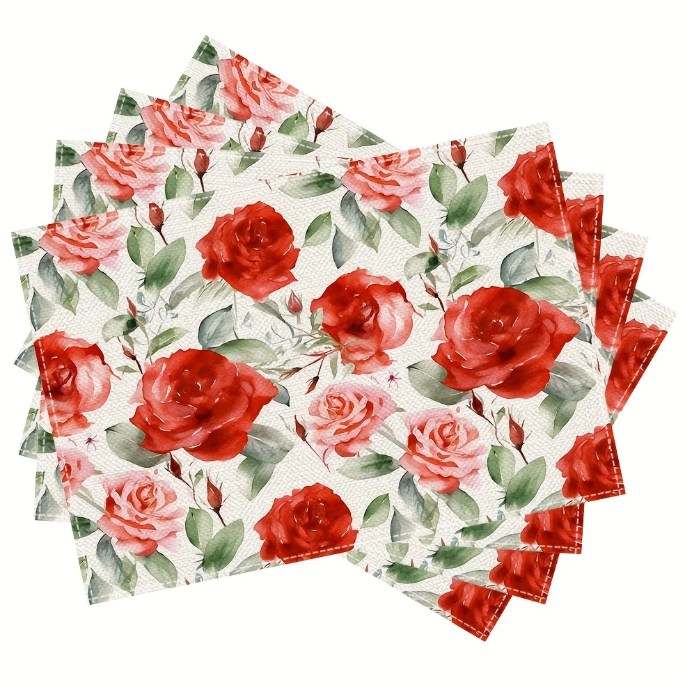 

Red Rose Placemats Set of 4, Pink Flowers Farmhouse Dining Table Place Mats, Anniversary Wedding Holiday Kitchen Decor