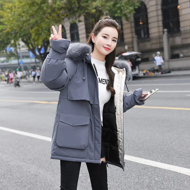 Fur-collar Hooded Parkas Women Big Pockets Cargo Coats Zipper Fashion Winter Outwear Warm Korean Streetwear Clothing Minimalist