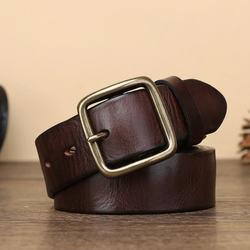 Vintage Luxury Handmade Leather Copper Buckle Man\'s Belt Cowhide Retro All-match Casual Jeans Soft Belts Lumbar  Man