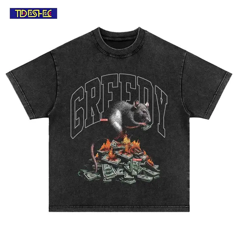 Harajuku Oversized 2025 Mouse Printed T-Shirt Hip Hop Summer Vintage Loose Men Streetwear Washed Fashion Cotton Leisure Tshirt