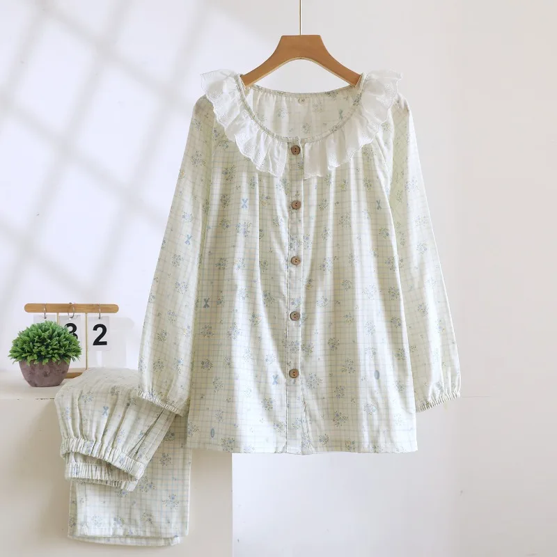 Conjunto de pijama para mujer, 100% de gasa de algodón a cuadros, Floral, manga larga, bonito cuello de muñeca, conjunto de muebles para el hogar, primavera y otoño, 2026
