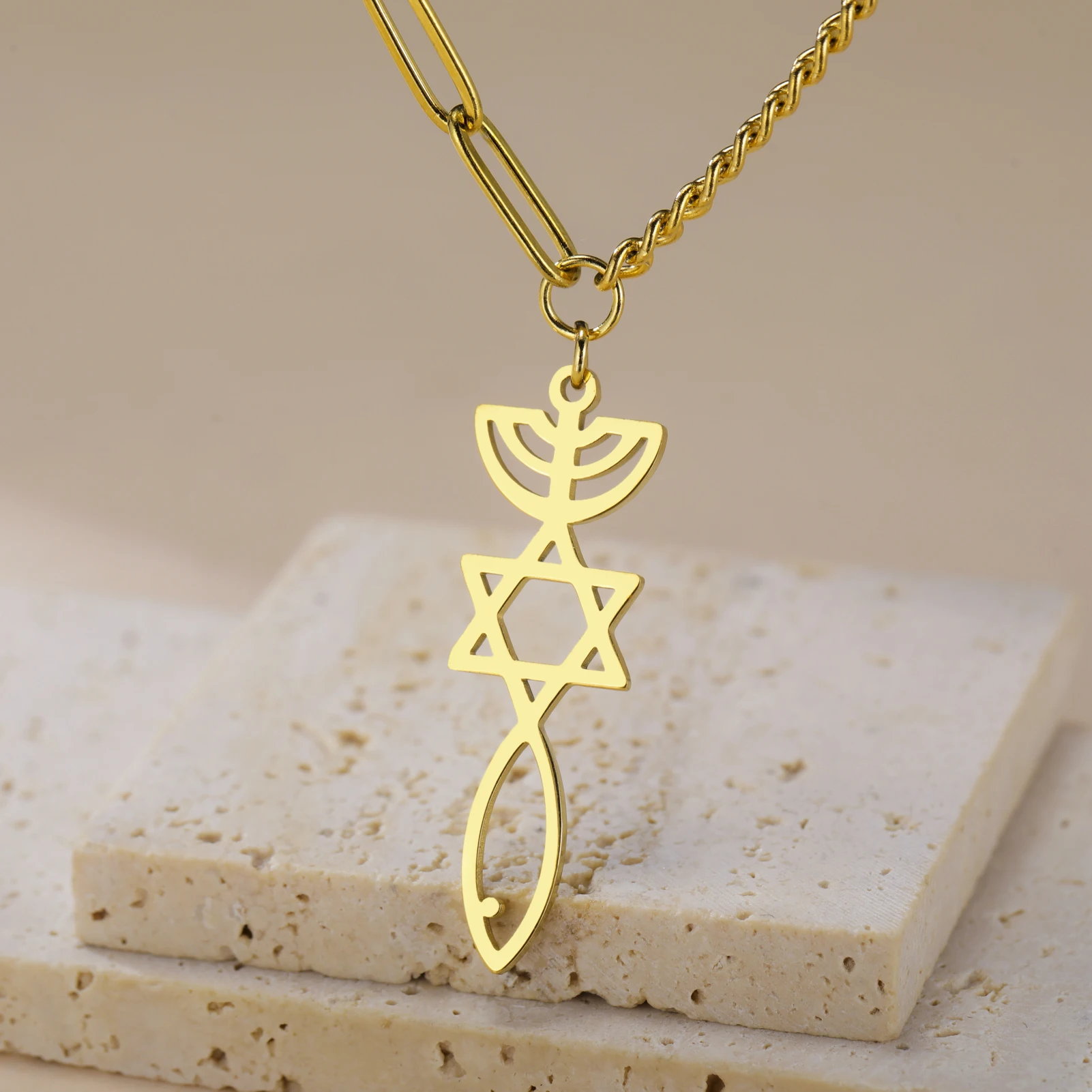 Jewish Messianic Seal Menorah Star Of David Ichthys Pendant For Women Men Stainless Steel Necklace Jewelry