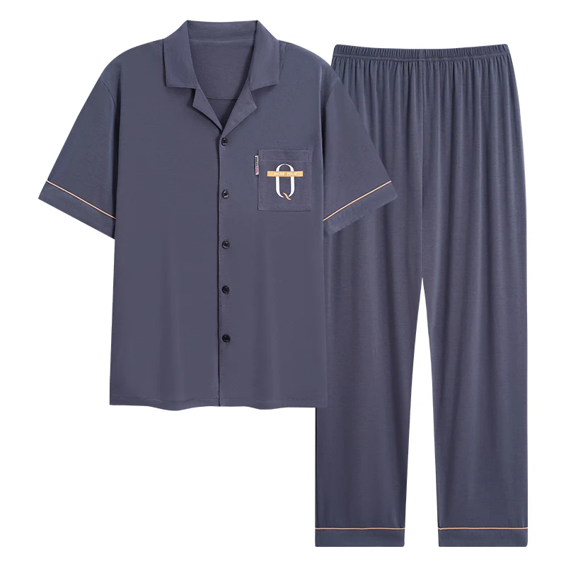 3XL pajamas for men's summer modal thin lapel short sleeved long pants for men's home wear oversized set