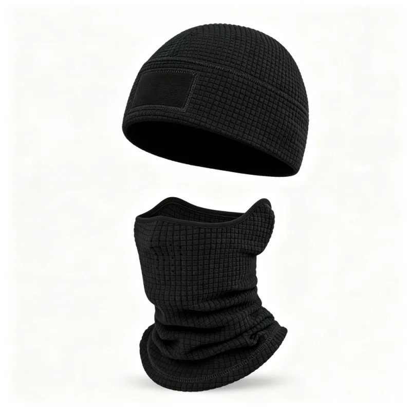 New Winter Outdoor Tactical Grid Fleece Beanie Hat And Windproof Ear Warm Mask,Lightweight Warm Tactical Beanie With Patch Panel