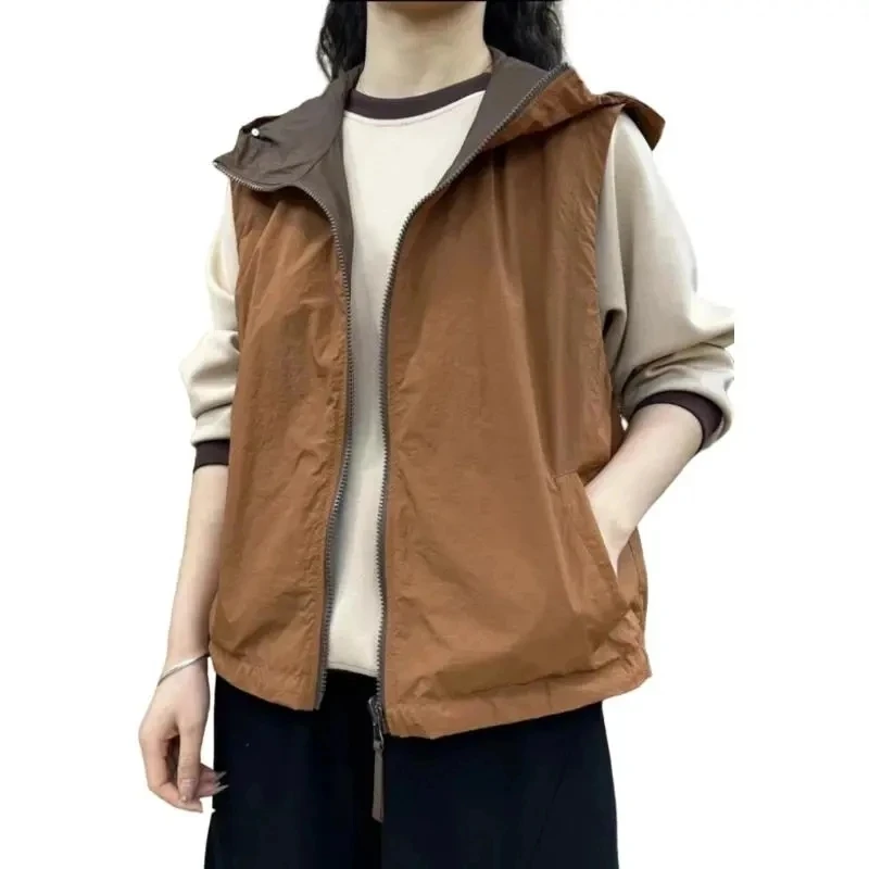 2024 Summer New Women's Retro Thin Vest Coat Hooded Casual Lady Vests Versatile Sleeveless Sun Protection Waistcoat Top Female