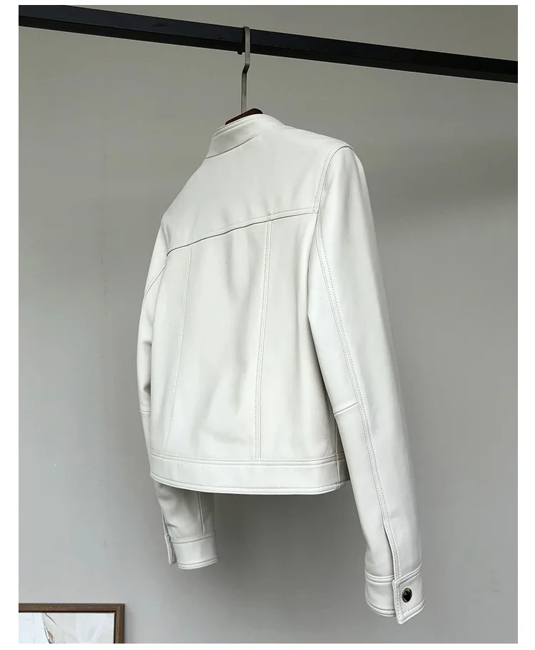 Lautaro Spring Autumn Short White Soft Pu Leather Jacket Women Stand Collar Long Sleeve Elegant Chic Luxury Designer Clothing