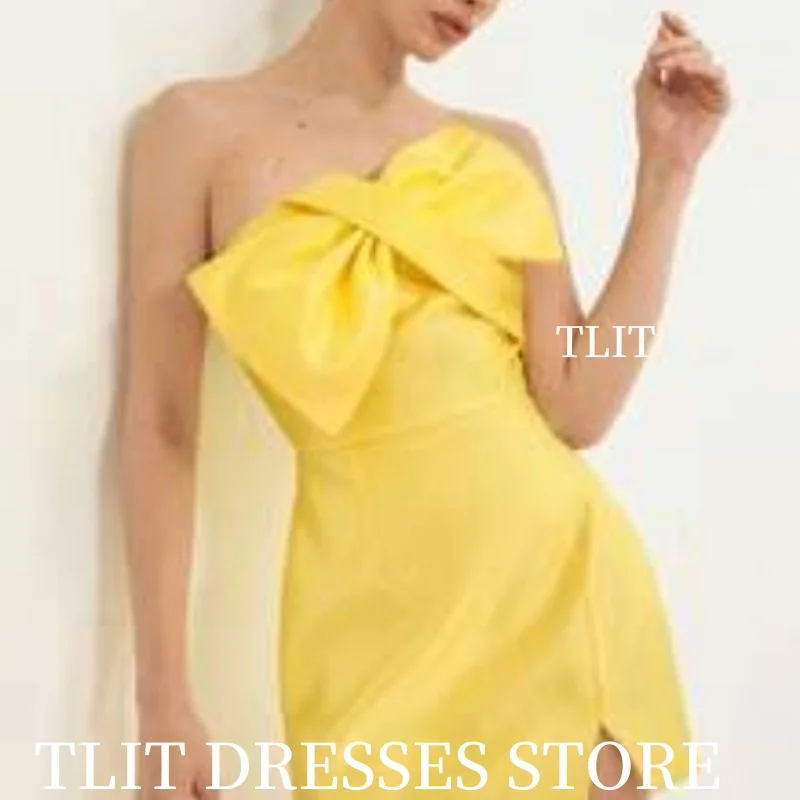 TLIT – robe de soirée fourreau courte jaune clair, Simple, sans bretelles, avec nœud, sans manches, au-dessus du genou, robes de Cocktail personnalisées pour fête formelle